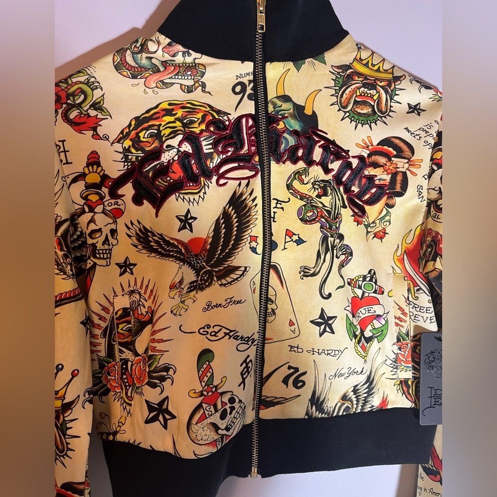 Ed Hardy Women's Yellow Bomber Jacket with Tattoo Print - Picture 7 of 15